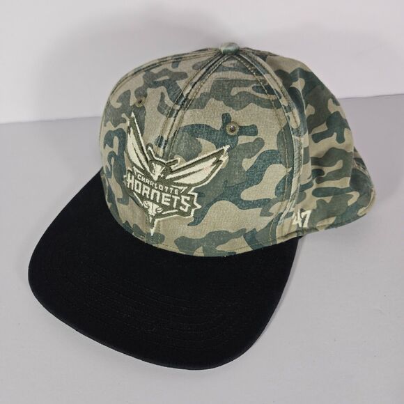 Charlotte Hornets Hat Camo Strapback Cap 47 Brand Green HWC Retro NBA Camouflage - Picture 1 of 6